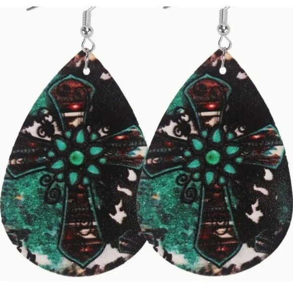 Cross Leather Dangle Earrings‎ New - Picture 1 of 2